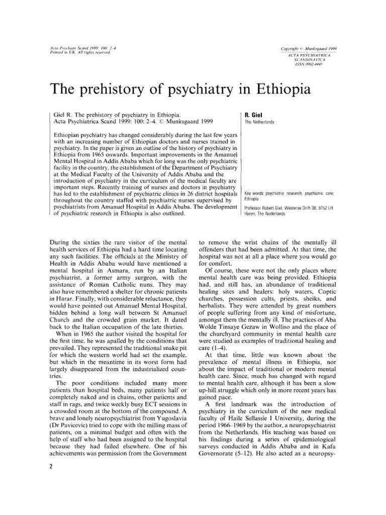 The Prehistory of Psychiatry in Ethiopia PDF Psychiatric Hospital