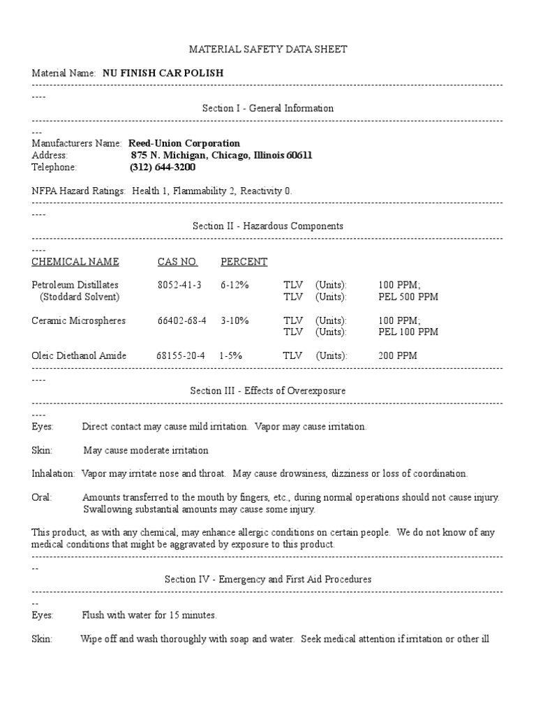 Nu Finish Car Polish by Reed Union MSDS PDF Carbon Dioxide Fires