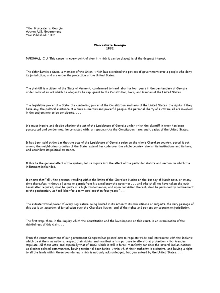 Worcester V Georgia Supreme Court Case | PDF | U.S. State | Federal ...