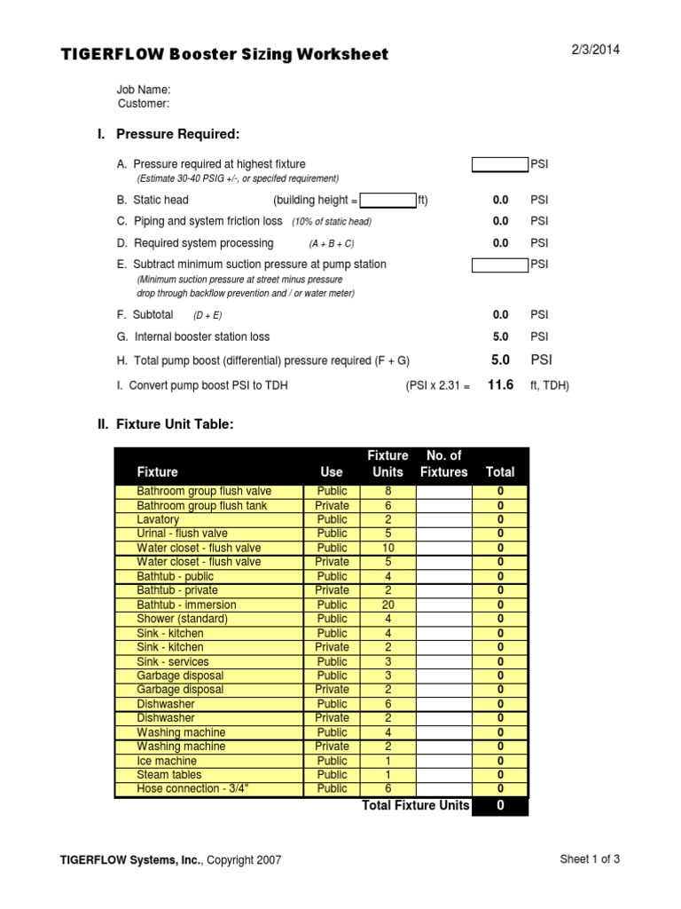 TIGERFLOW Booster Sizing Worksheet: I. Pressure Required | PDF | Pounds ...