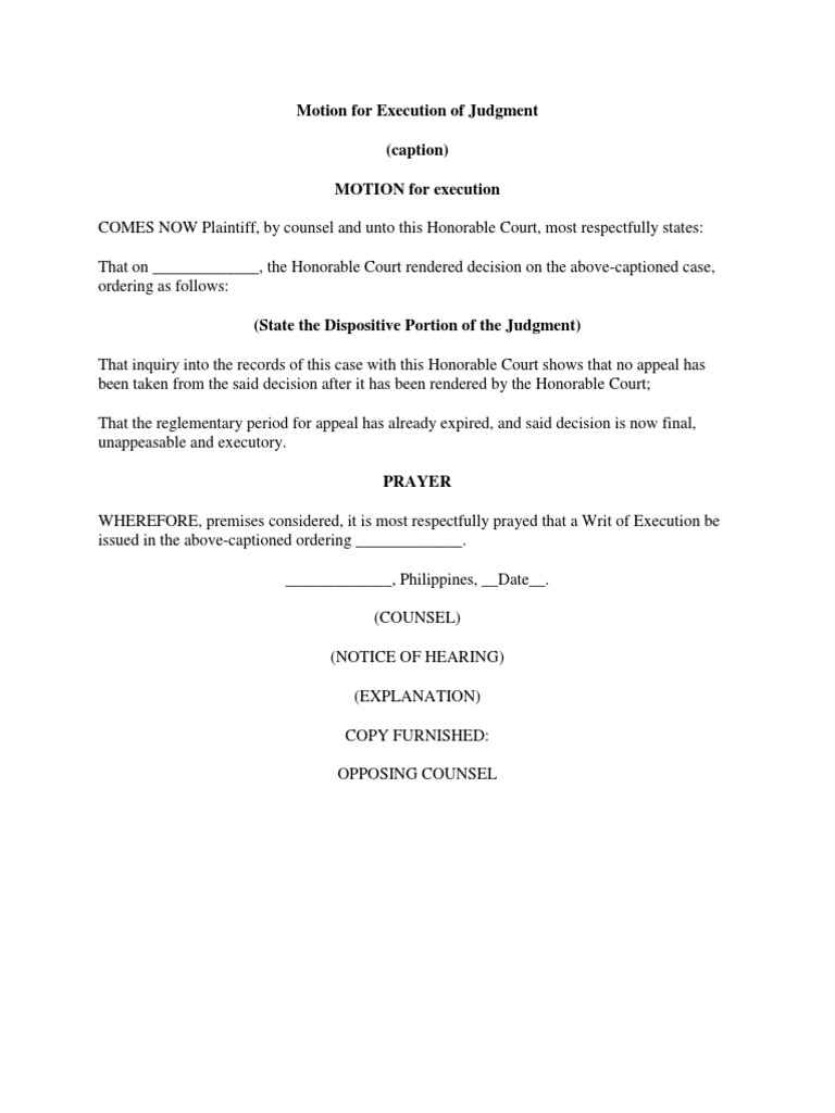 Motion for Execution of Judgment