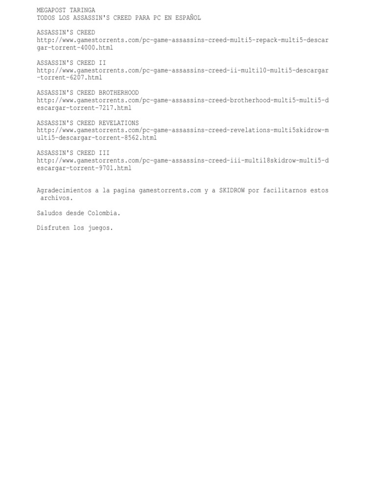 Link'S De Decarga - Megapost Assassin'S Creed Para PC Español | PDF
