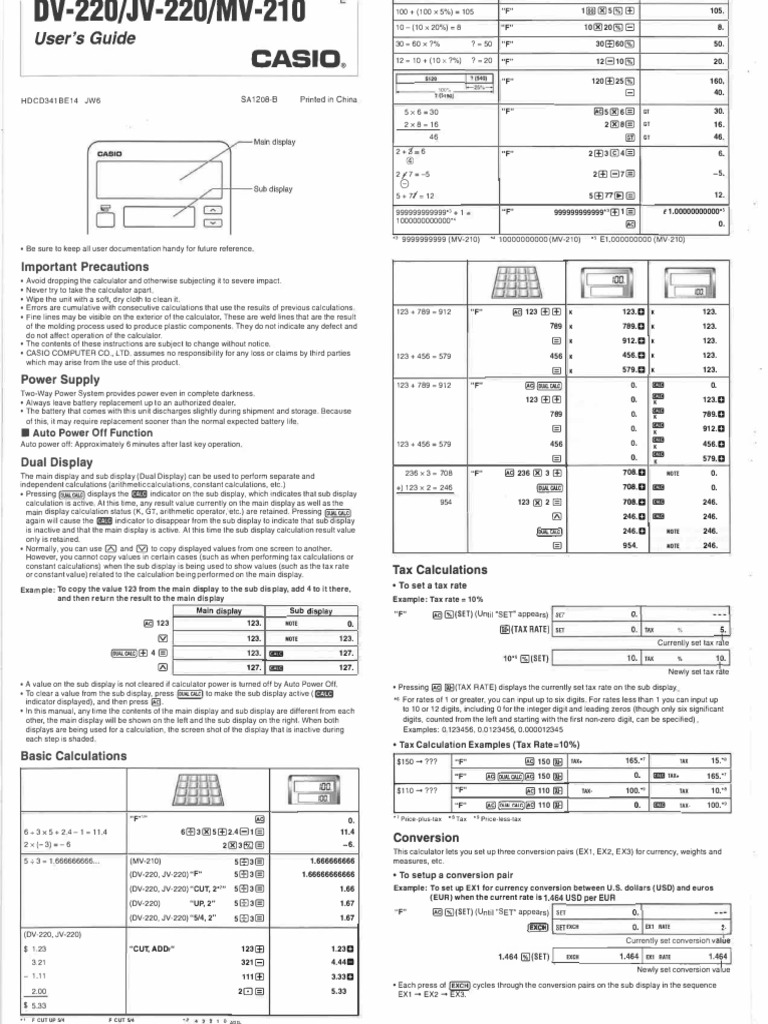 Casio DV220 / JV220 / MV210 User's Guide Calculator Computing