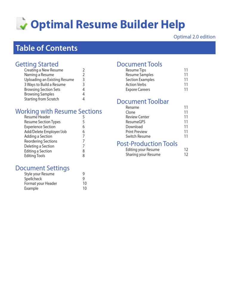Optimal Resume Builder Help: Getting Started Document Tools | PDF