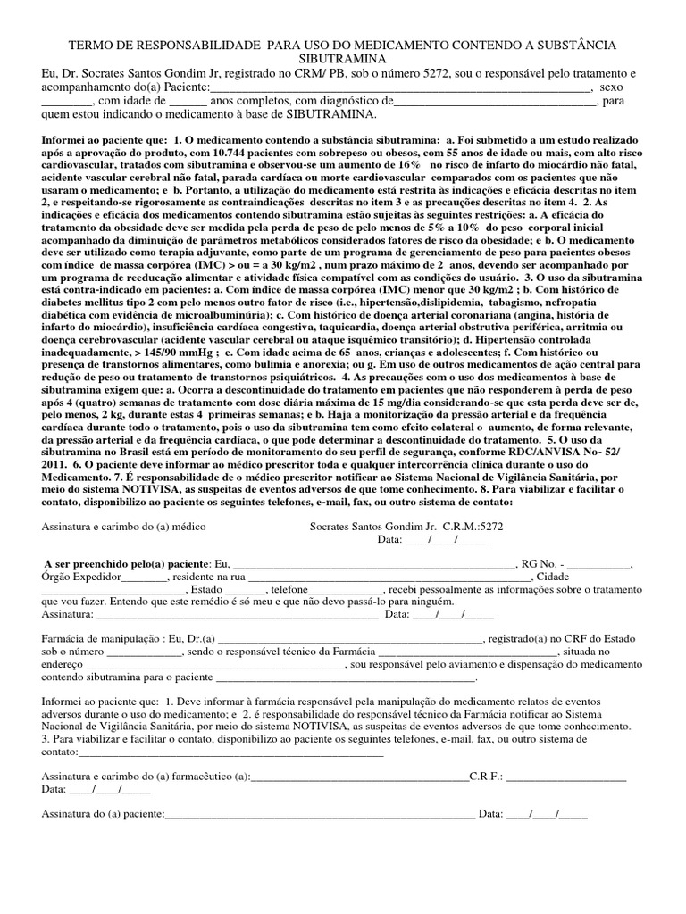 Termo de Responsabilidade para Uso Do Medicamento Contendo A Substância ...