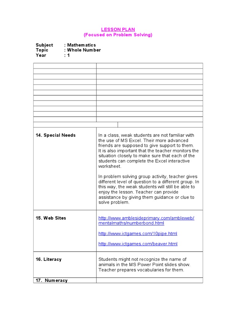 Year 1 Math Lesson Plan: Problem Solving | PDF