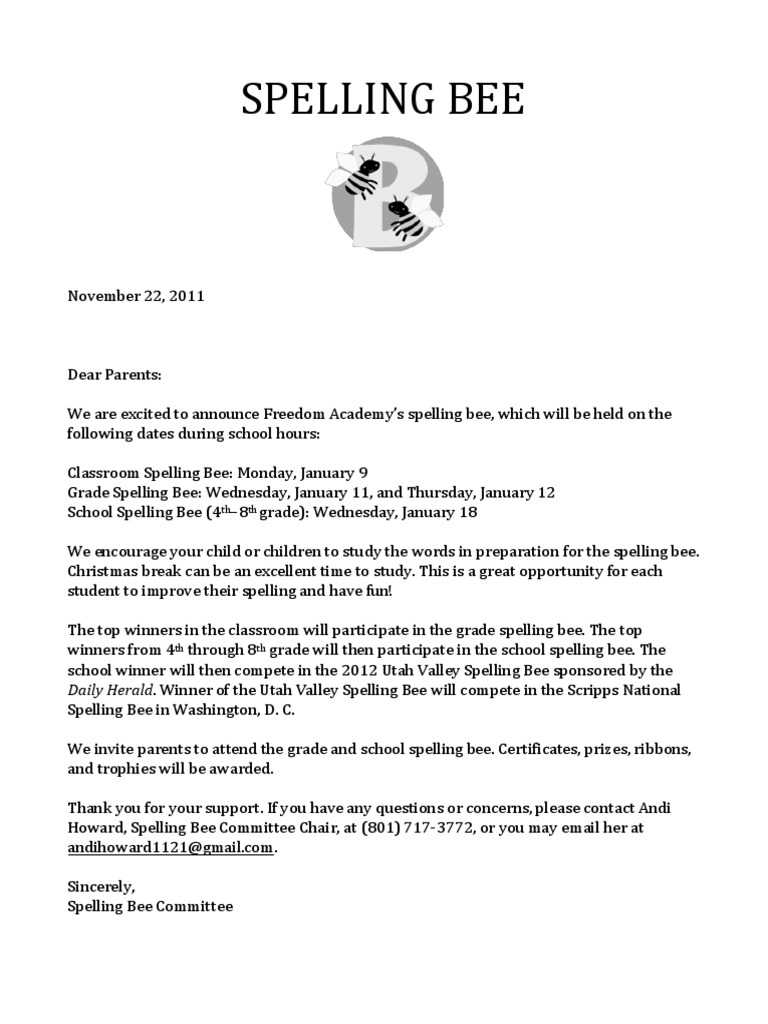 letter to parents about spelling homework