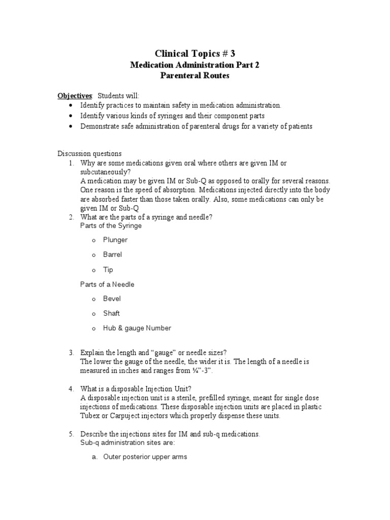 Parenteral Medication Administration Guide | PDF | Injection (Medicine ...