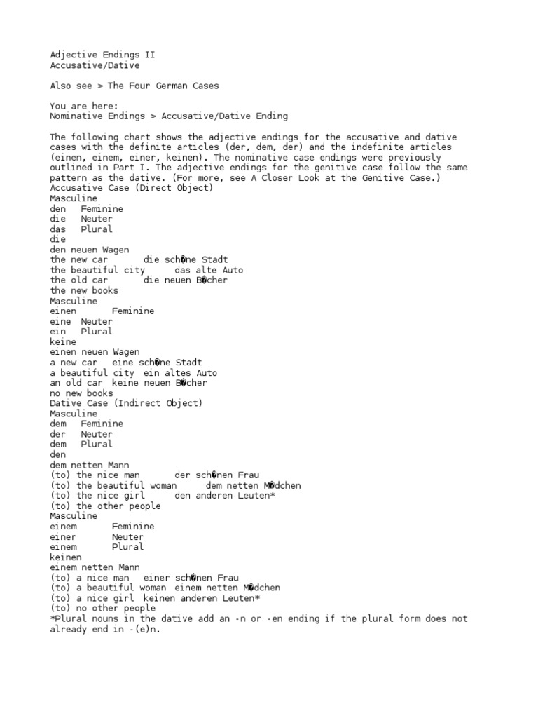 German Adjective Endings: Accusative/Dative | PDF | Grammatical Gender ...