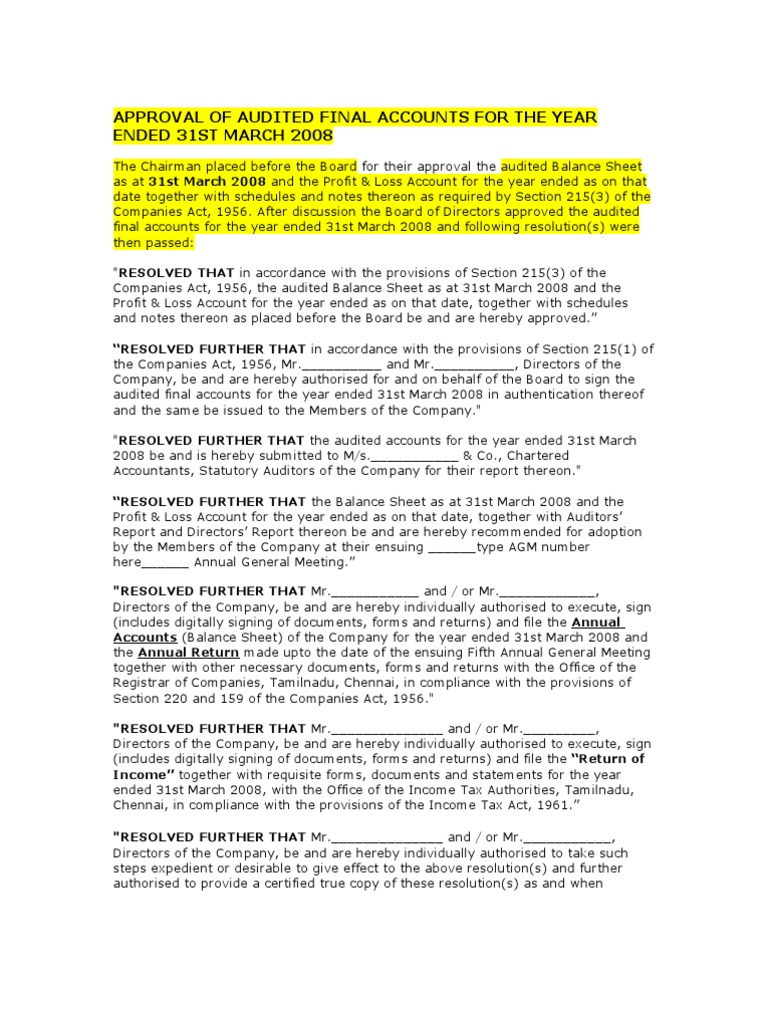 Specimen Resolution PDF Board Of Directors Audit