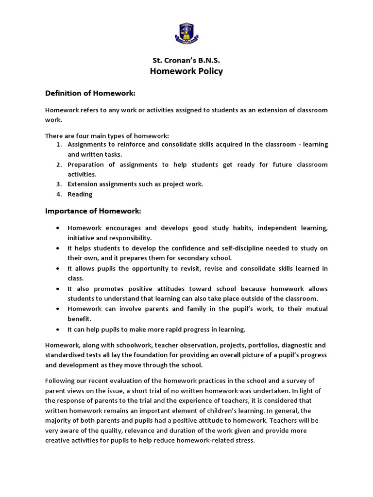 Homework Policy Primary School Ireland