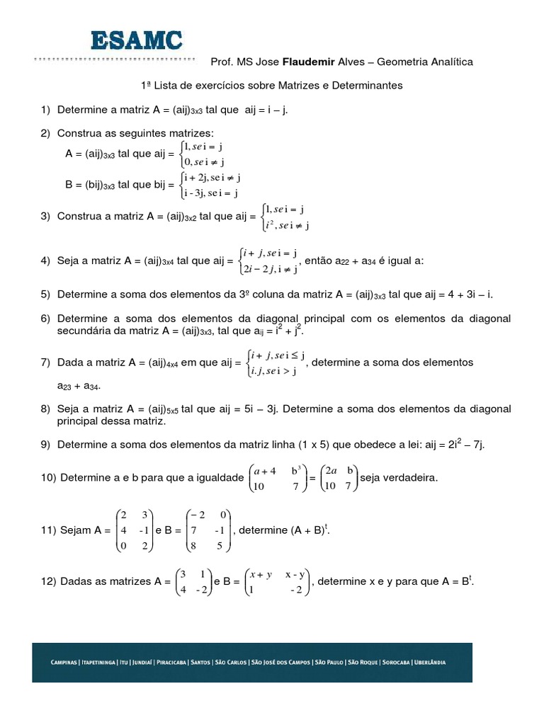 Lista De Exercícios Sobre Matrizes E Determinantes