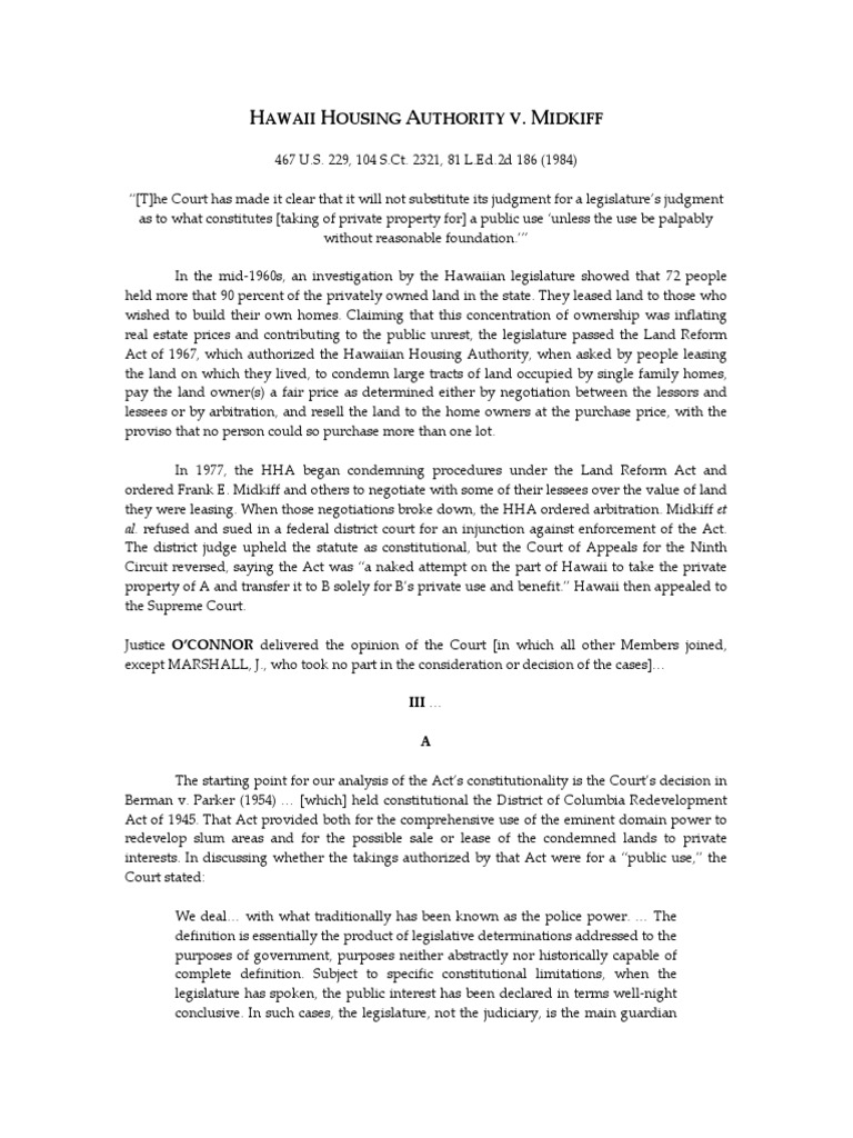 Hawaii Housing Authority V Midkiff Download Free PDF Eminent Domain U.S. State