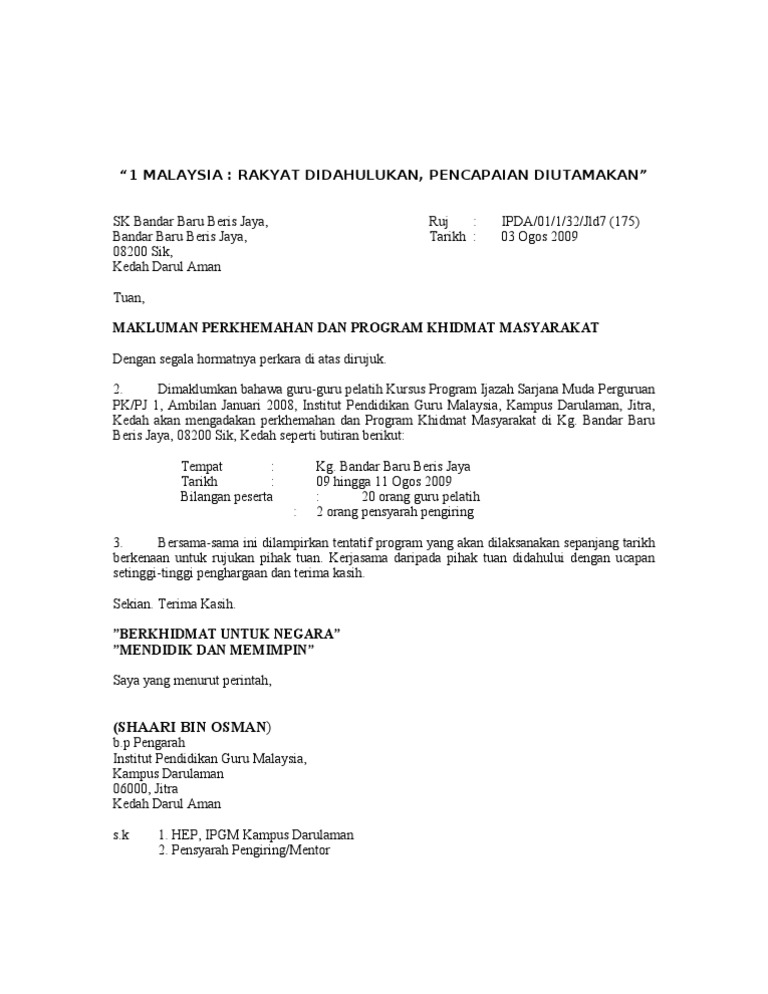 Karangan Surat Rasmi Untuk Notis Pemberitahuan