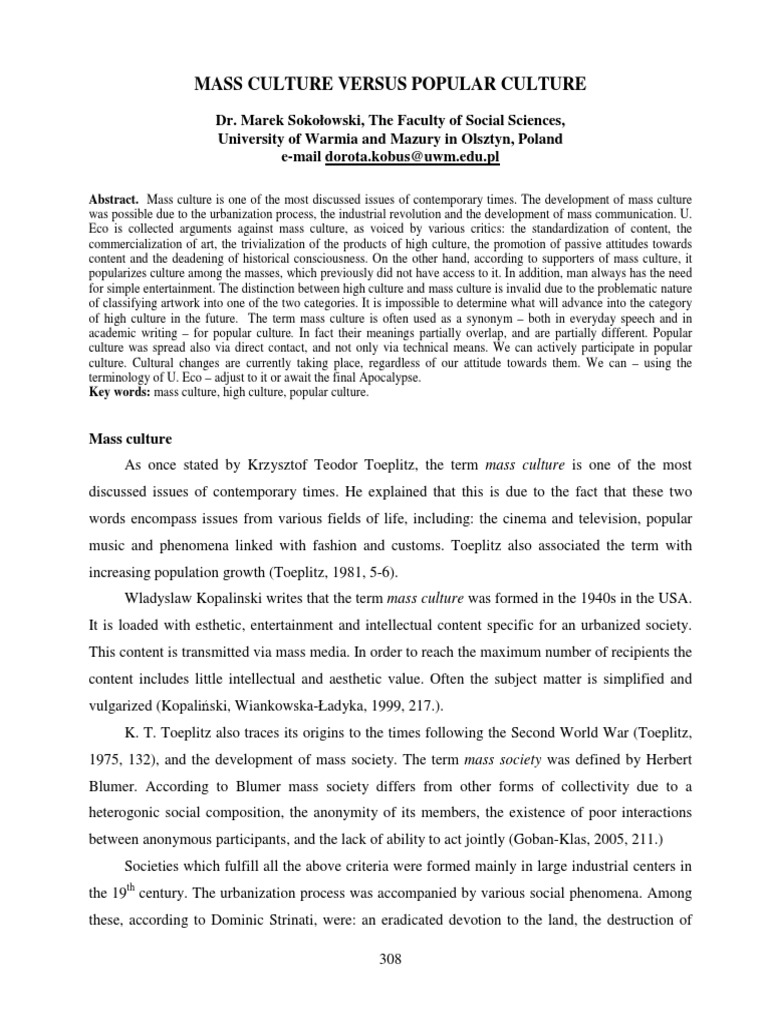 Mass Culture Versus Popular Culture PDF Popular Culture Social Networking Service
