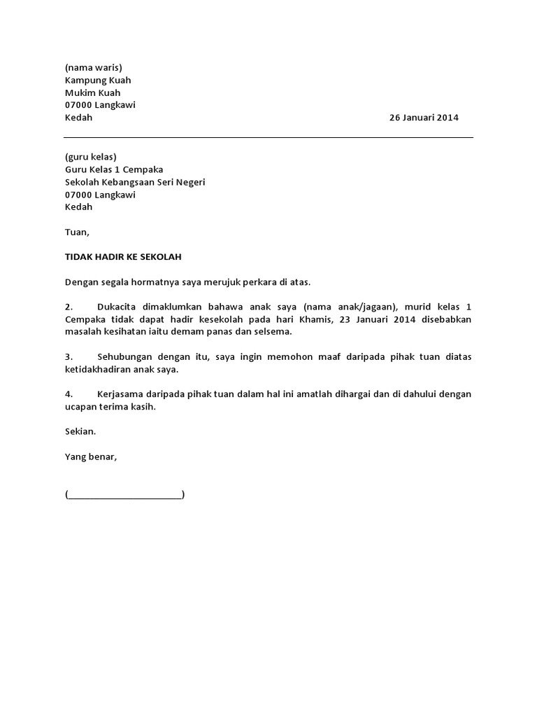 Surat Rasmi Tidak Hadir Ke Sekolah Pdf