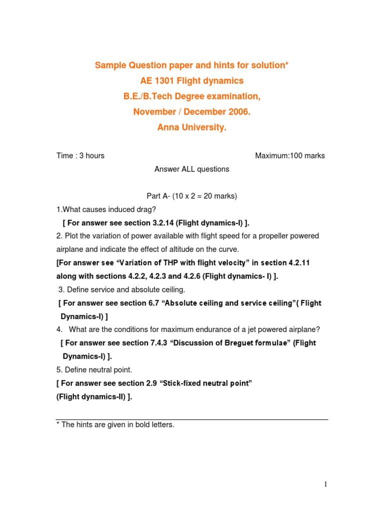 Flight Dynamics Exam Questions & Solutions | PDF | Flight Dynamics ...