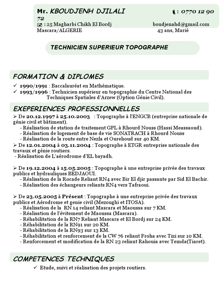 CV Topographe Expérimenté en Génie Civil | PDF