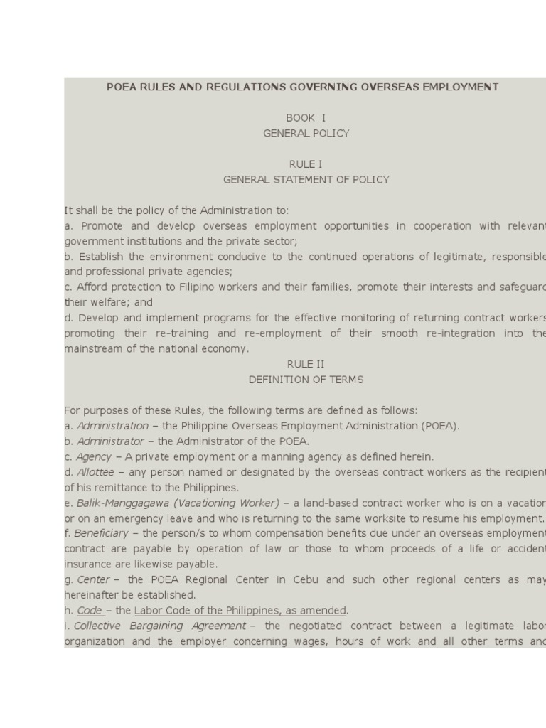 Poea Rules and Regulations Governing Overseas Employment PDF Surety