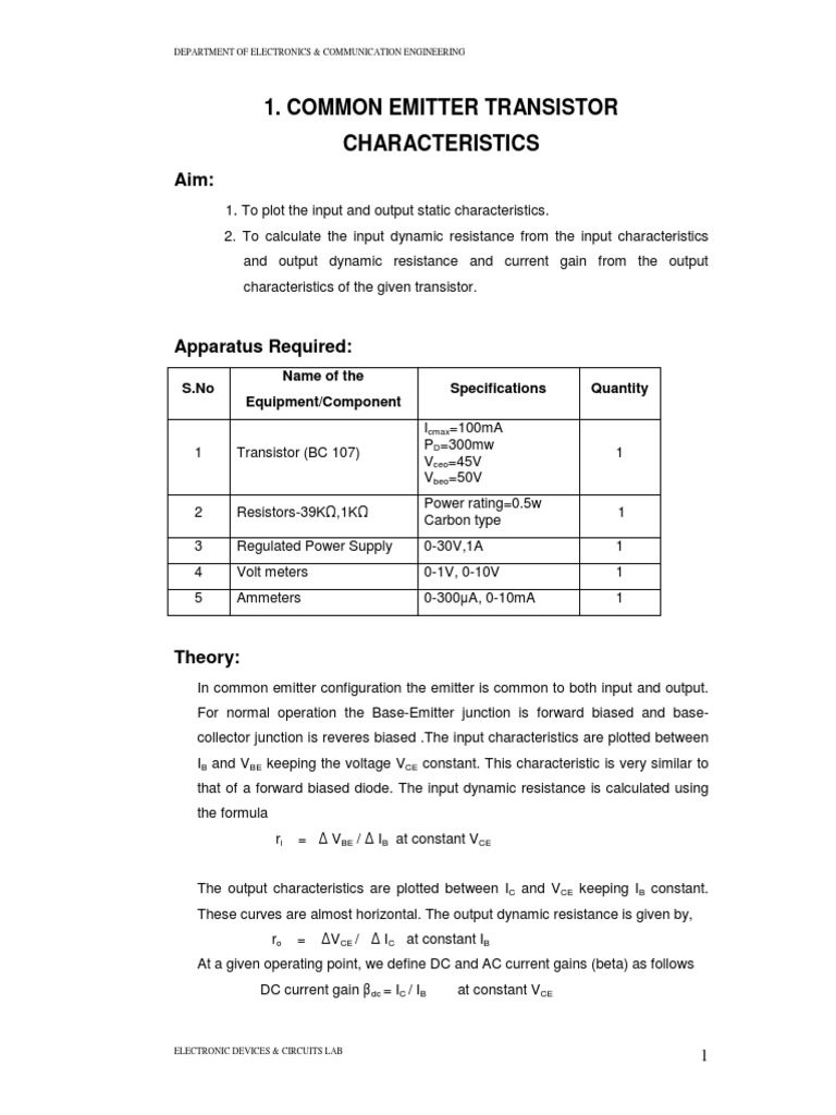 Common Emitter Transistor Lab Guide | PDF | Amplifier | Rectifier