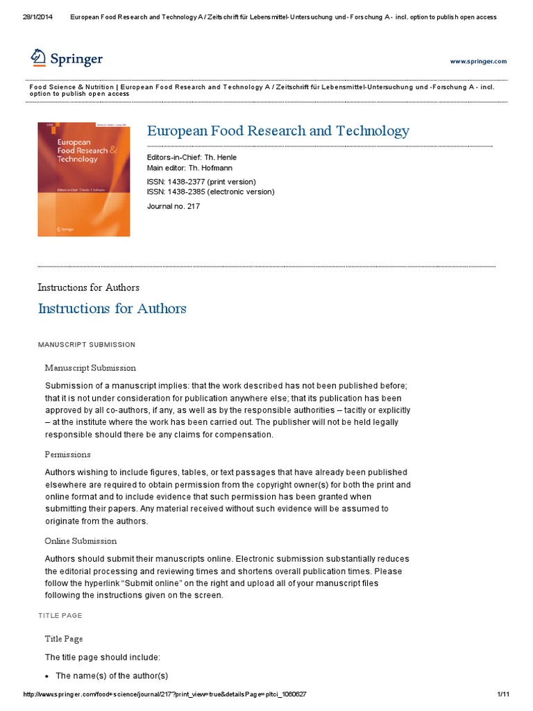 European Food Research and Technology A Zeitschrift Für Lebensmittel