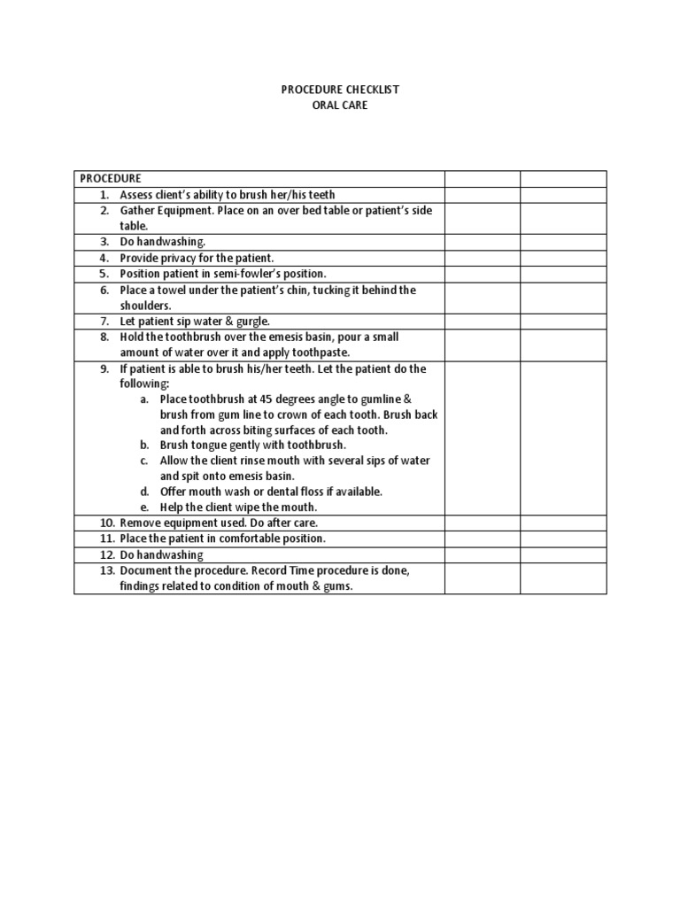 Oral Care Procedure Checklist | PDF