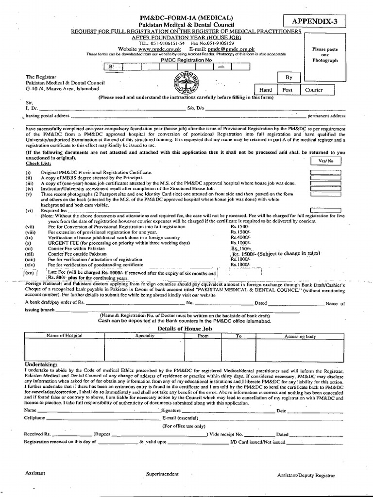 PM&amp;DC Form 1-A Medical (Full Registration After House Job)(1) | Health ...