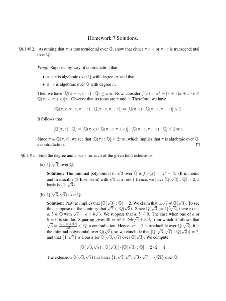 Transcendental Field Extensions Solutions to Homework Problems