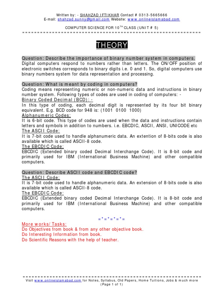 Theory: Computer Science For 10 Class (Unit # 5) | PDF