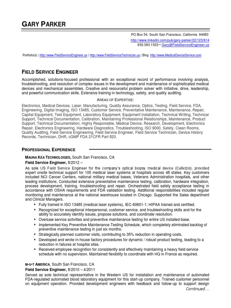 Field Service Engineer in San Francisco CA Resume Gary ...
