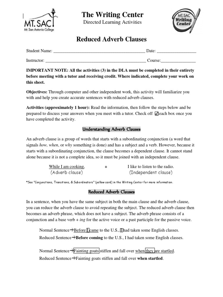 Reduced Adverb Clauses Verb Subject Grammar