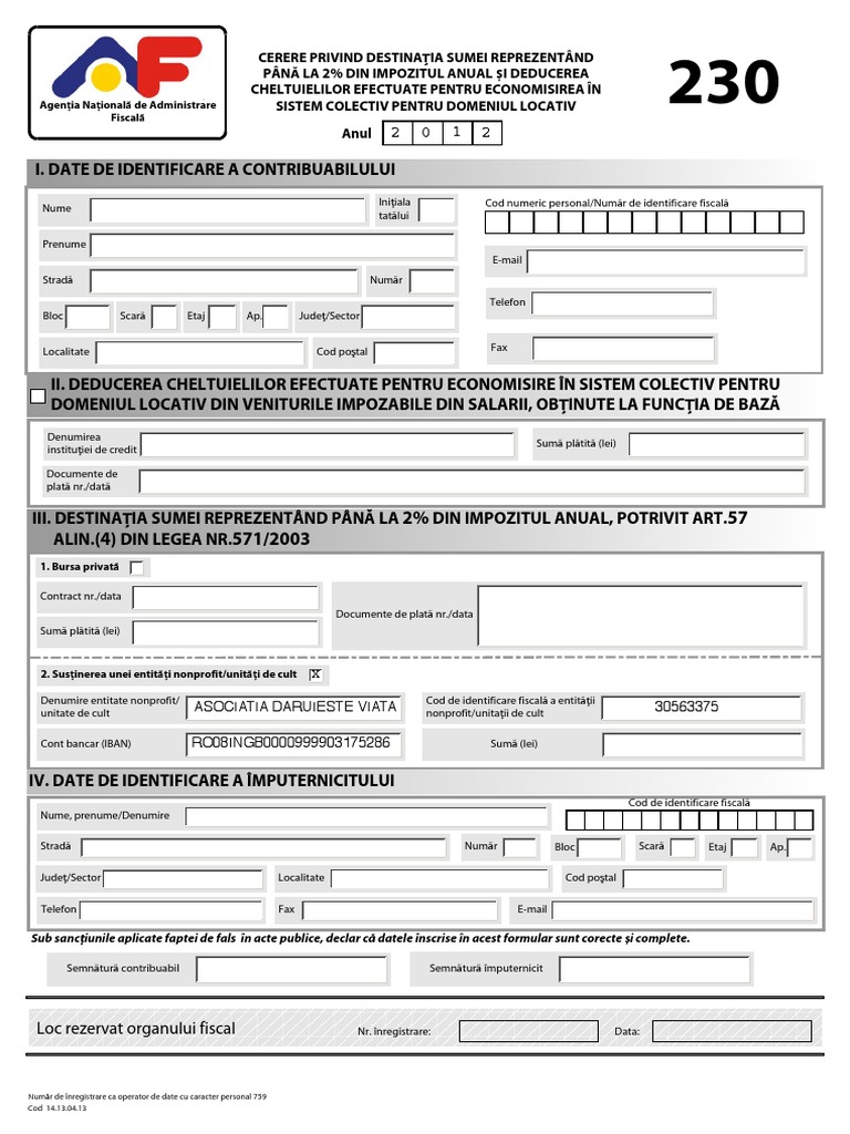 Formular 230 Redirectionare 2 Din Impozitul Pe Venit Persoane Fizice Asociatia Daruieste Viata