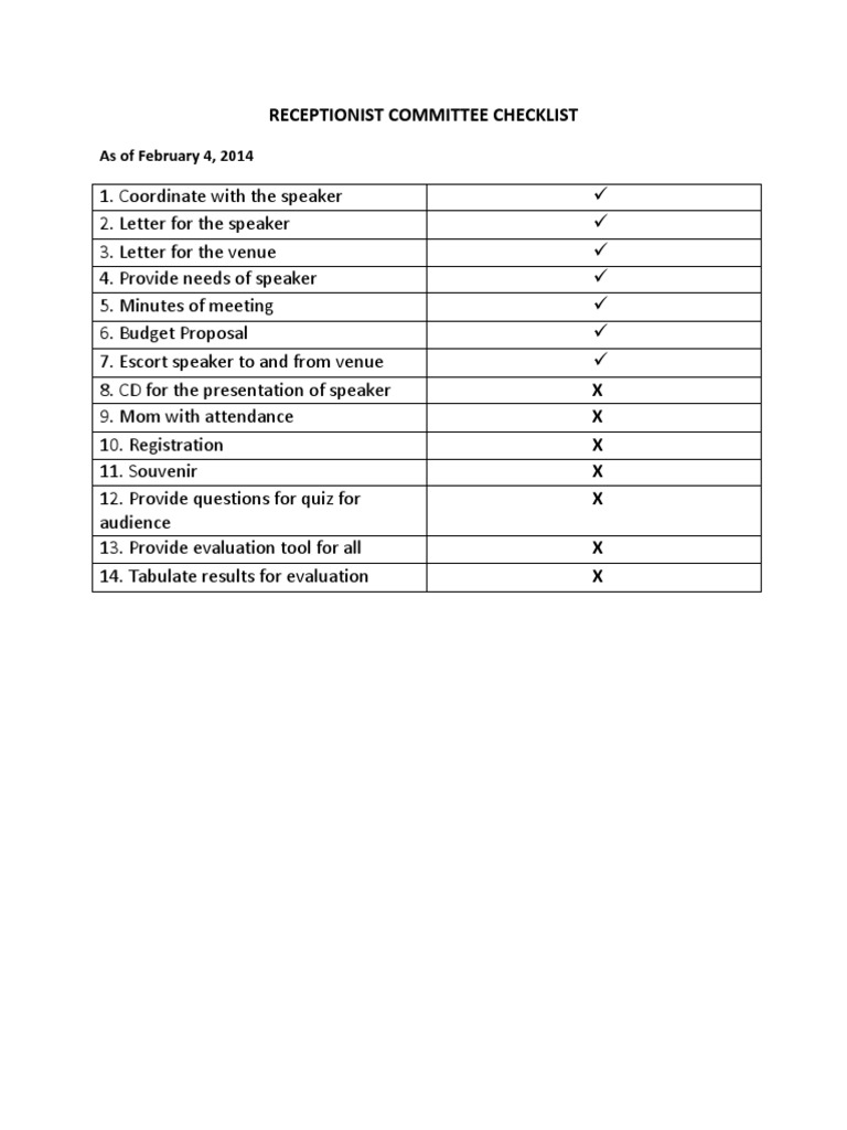 Receptionist Committee Checklist As of February 4, 2014 PDF