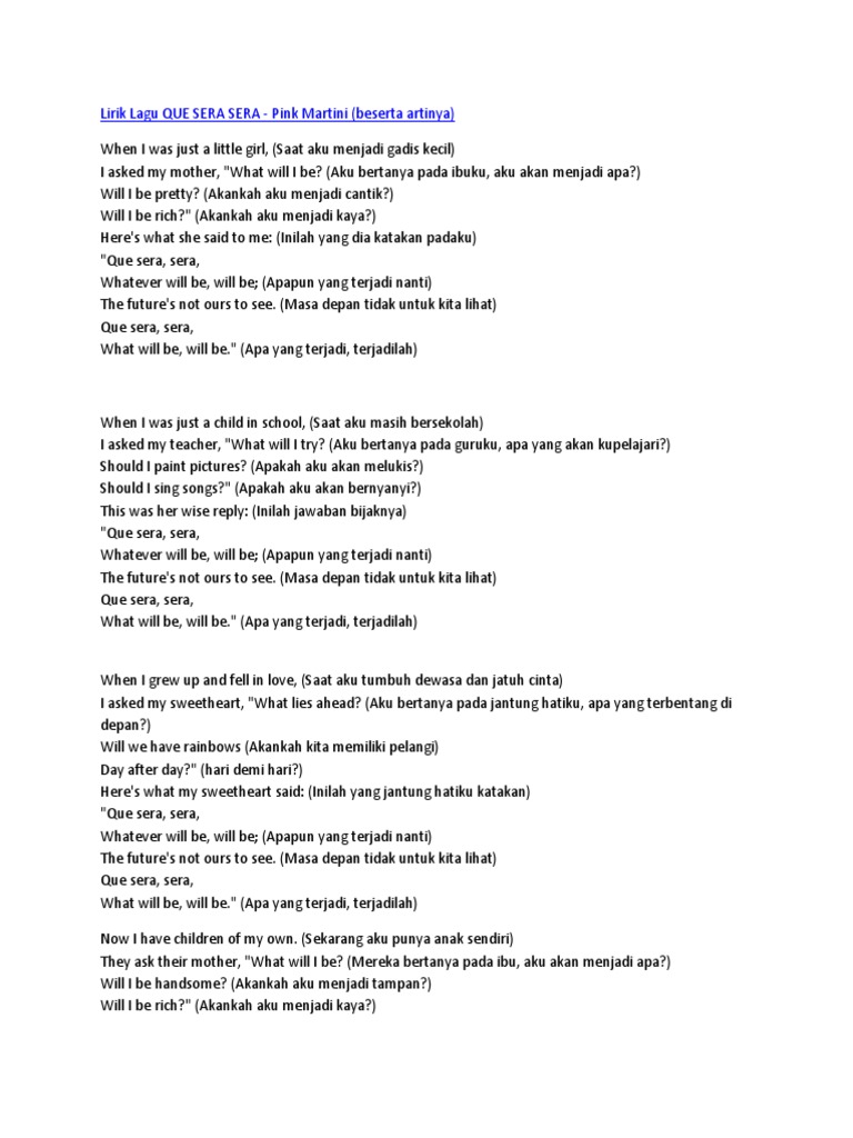 Lirik Lagu Que Sera Sera