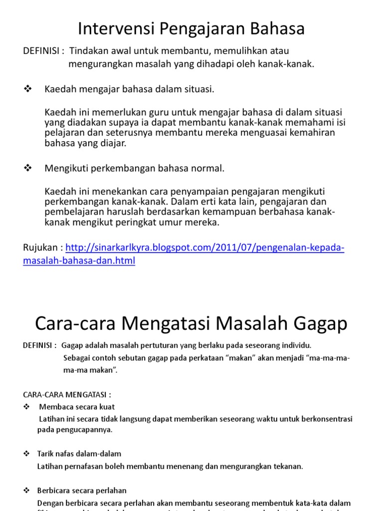 Intervensi Pengajaran Bahasa Cara Mengatasi Masalah Gagap Pink Pdf