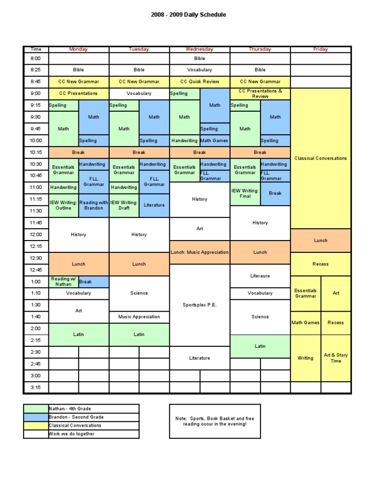 Color Coded Daily Homeschool Schedule Linguistics Behavior Modification
