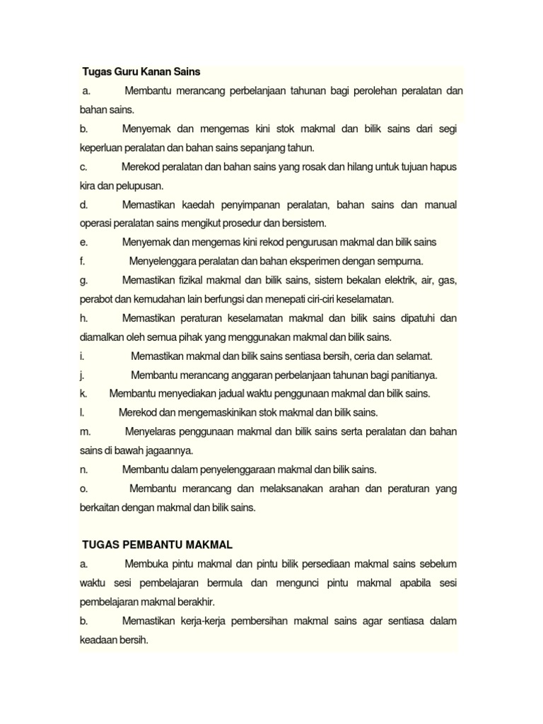 Bidang Tugas Guru Kanan Sains Dan Pembantu Makmal New Pdf