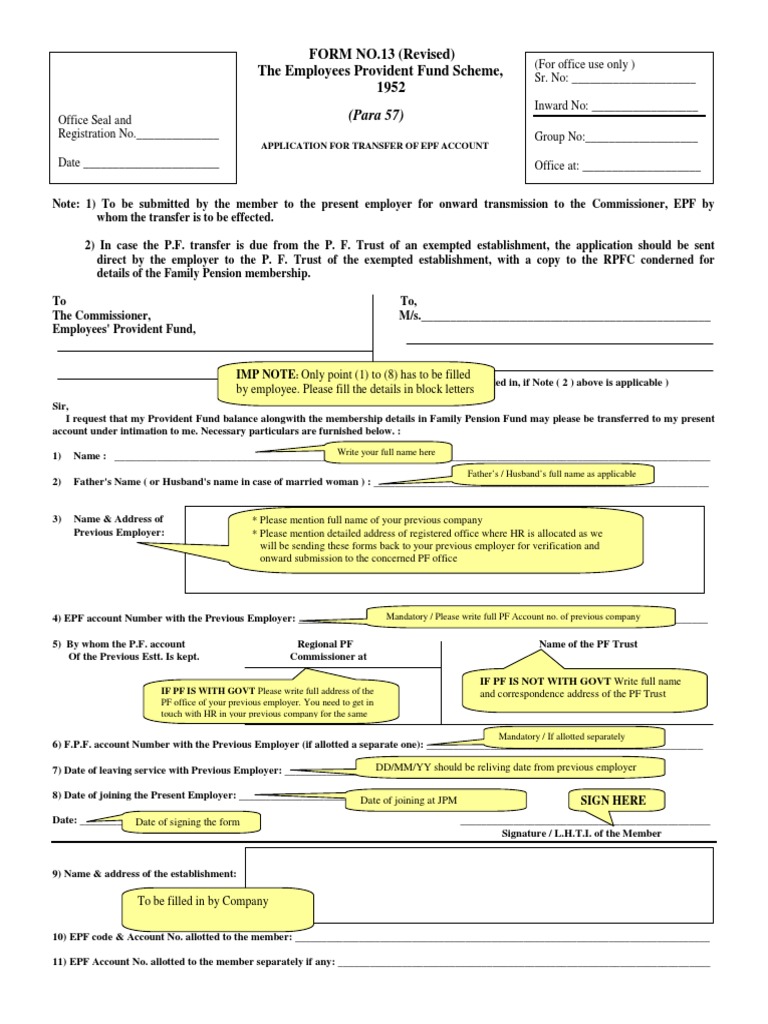 PF Transfer in Form - Form No. 13 SAMPLE | PDF | Financial Services |  Government