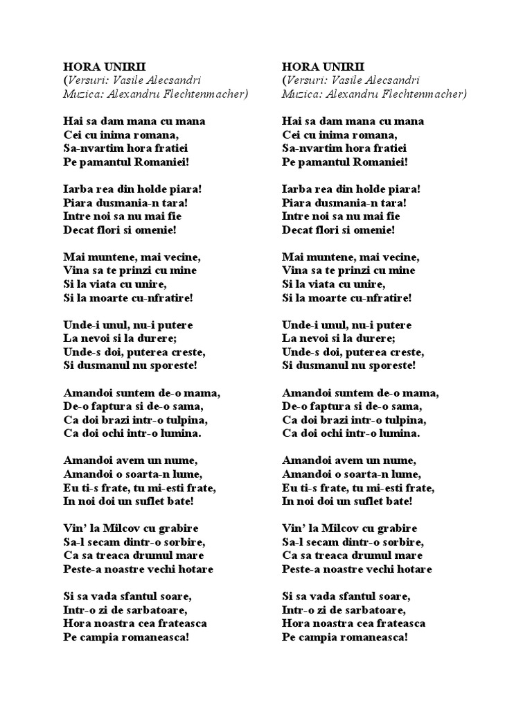 Hora Unirii Versuri Vasile Alecsandri Muzica Alexandru Flechtenmacher