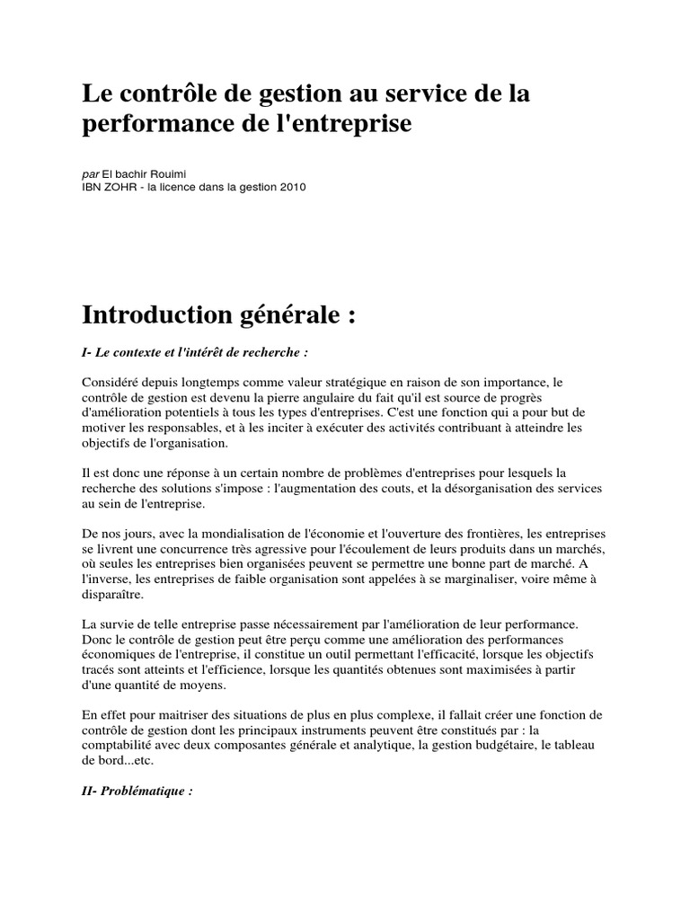 memoire de Le contrôle de gestion au service de la performance de l