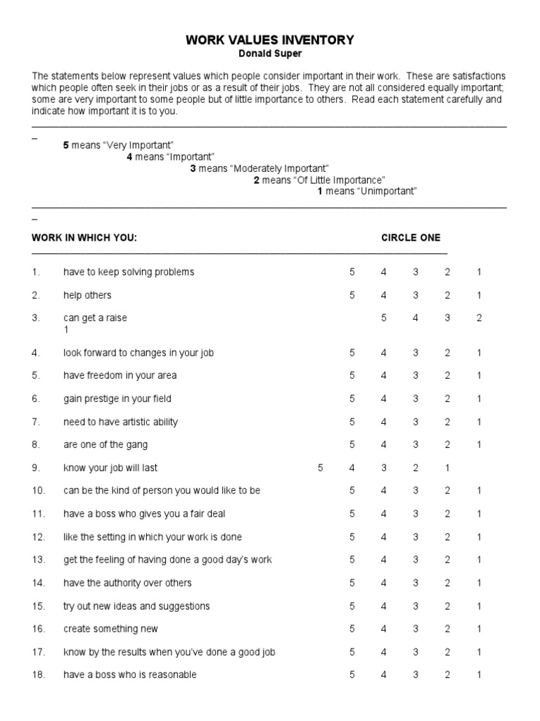 Work Values Inventory | Psychology & Cognitive Science | Business