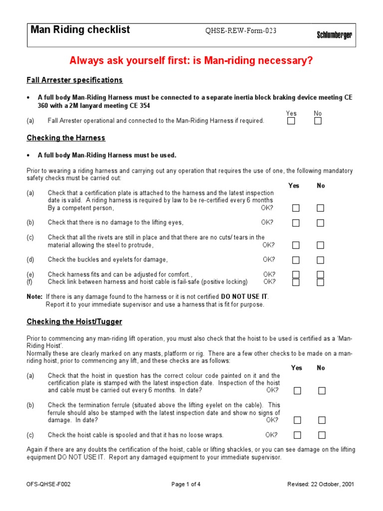 Man Riding Safety Checklist | PDF | Tools | Industries