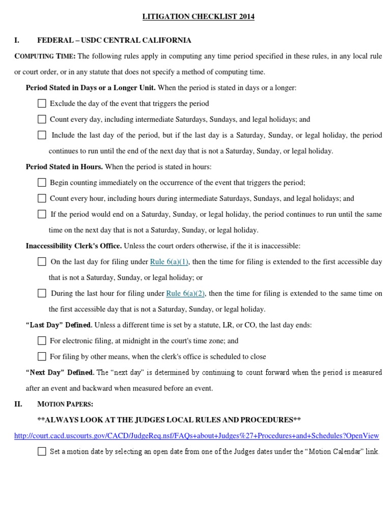 Litigation Checklist 2014 Discovery (Law) Federal Rules Of Civil