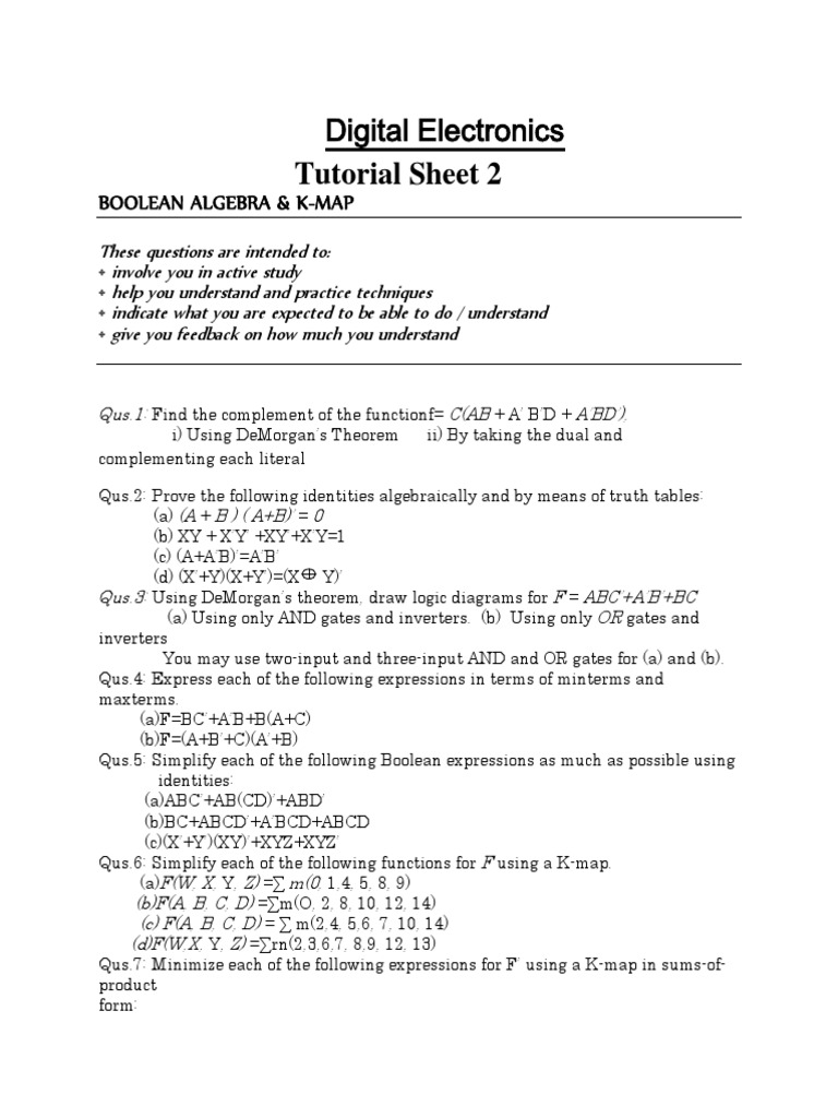 Digital Electronics Tutorial Sheet2 PDF Boolean Algebra Teaching