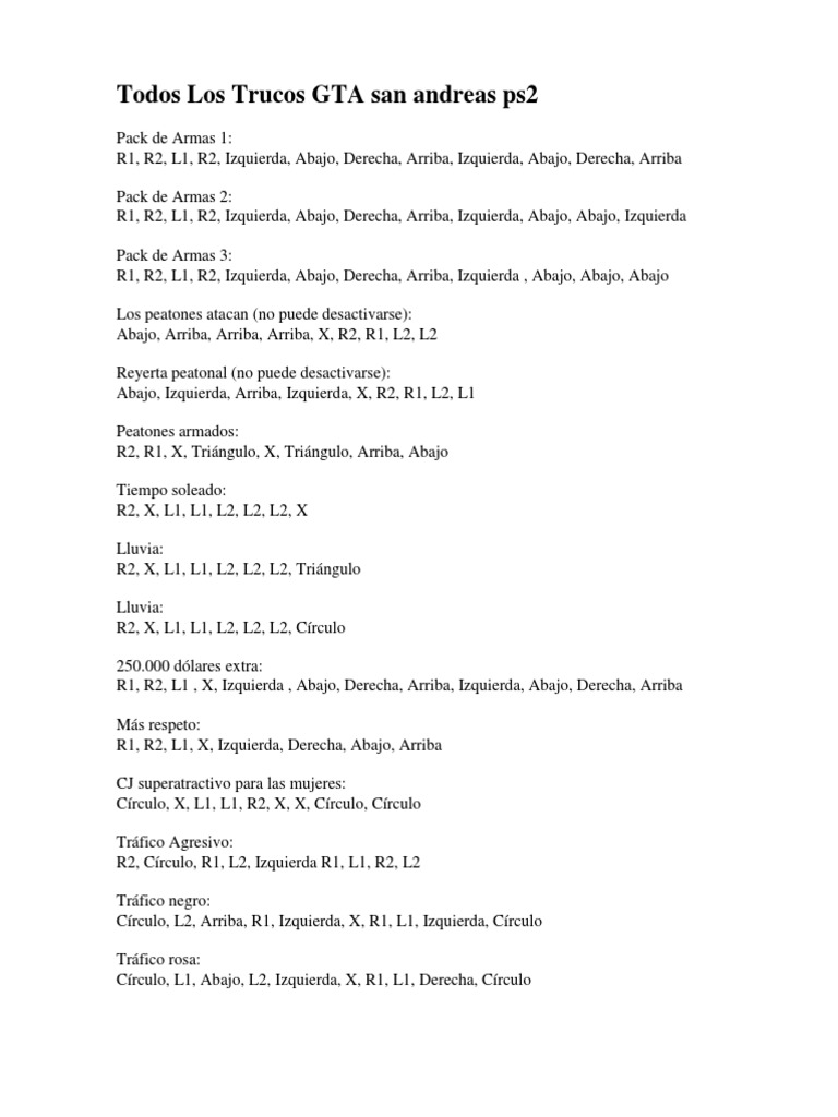 Claves y Codigos de Gta San Andreas, PDF, Ocio
