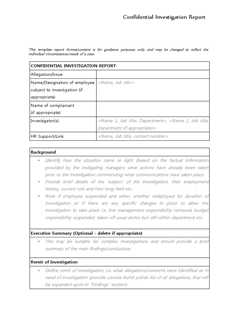 Investigation Template Report Form  PDF  Evidence  Burden Of Pertaining To Hr Investigation Report Template