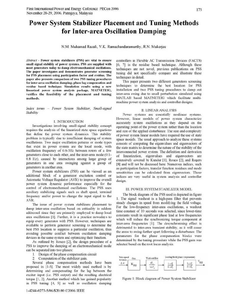 Power System Stabilizer Placement and Tuning PDF Electric Power