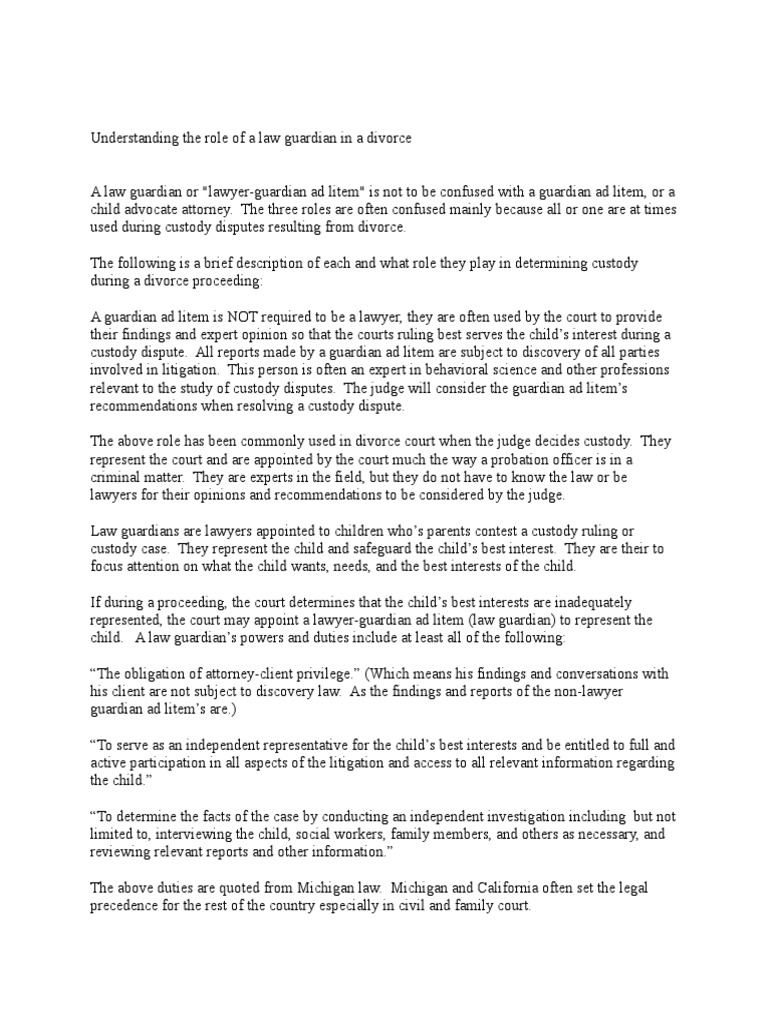 Guardian Ad Litem Custody issues in divorce Legal Guardian Child