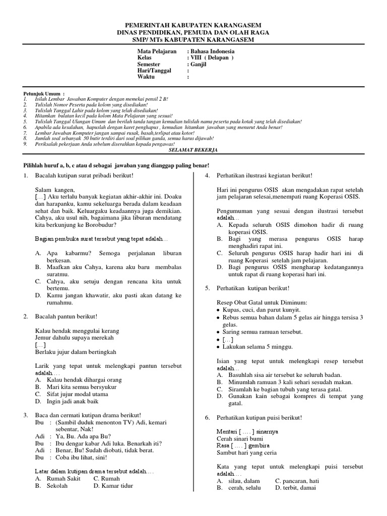 Soal Jawaban Mapel Umum Mgmp Pais Smp Jakbar Contoh Soal Pas Kelas 8 Semester 1 Bahasa Indonesia Kurikulum 2013