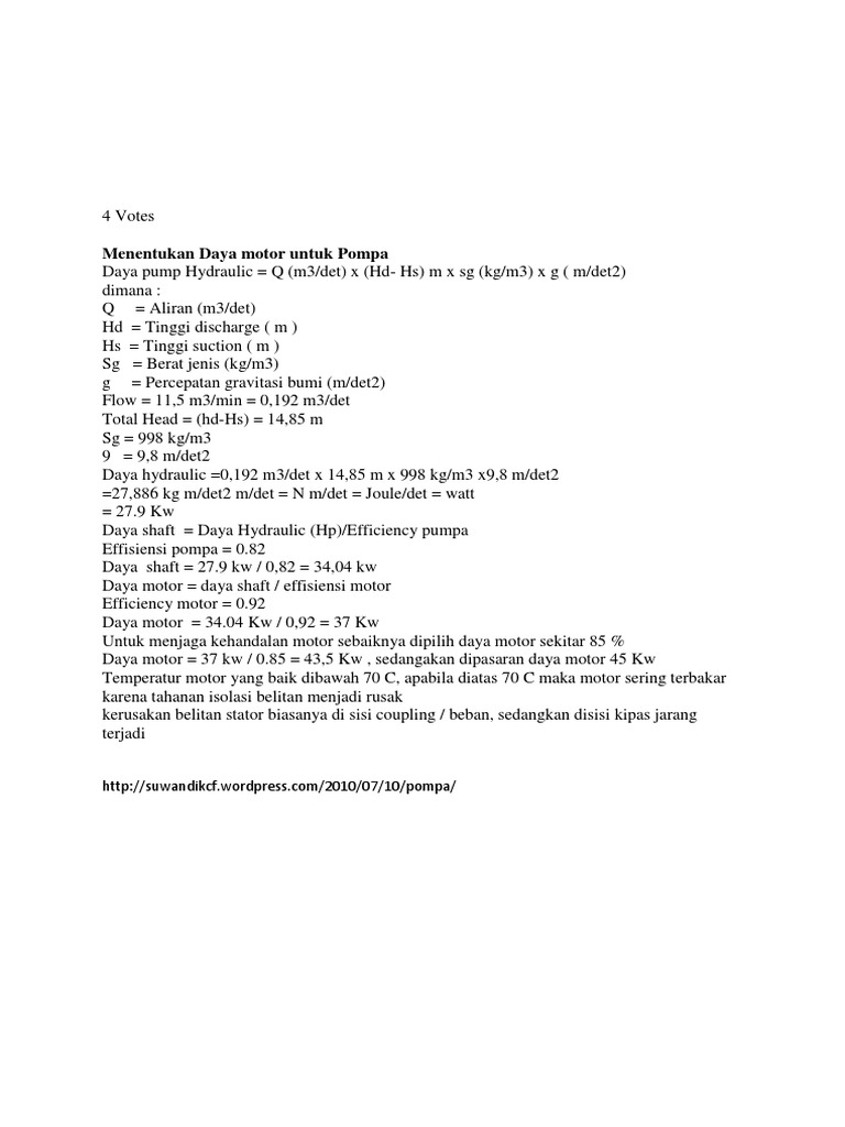 Perhitungan Daya Pompa Air